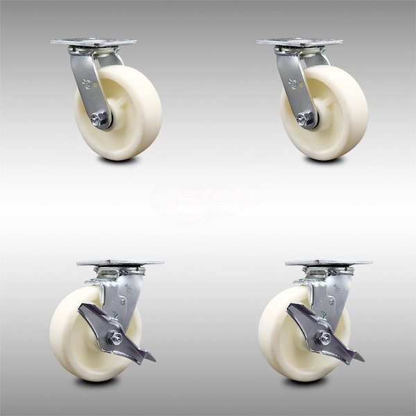 6 Inch Stainless Steel Nylon Swivel Caster Set with Ball Bearings 2 Brakes SCC